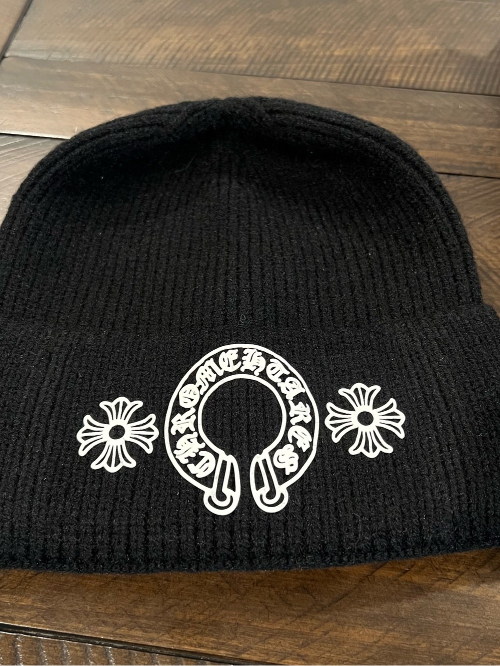 Chrome Hearts Black Beanie with White Horseshoe & Cross Motifs